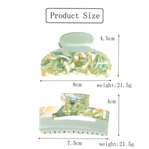 Technical view showing dimensions of green marble effect flower hair claw clip