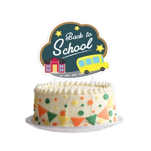 Colorful Back to School cake toppers featuring yellow bus and school building motifs