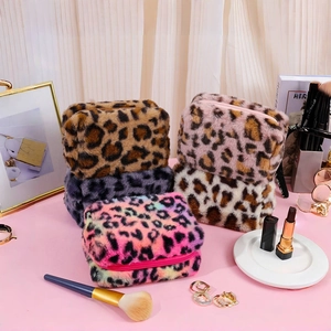 Leopard Print Plush Makeup Bag Fuzzy Cosmetic Pouch Large Capacity Travel Toiletry Storage Bag Fashionable For Women