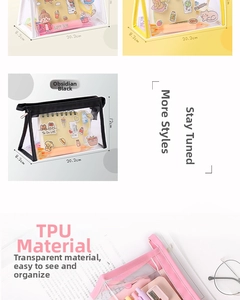 Detailed view of TPU transparent pencil case showing size 20.2x8.2x12cm and cute cartoon designs