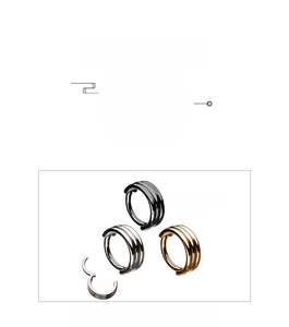 Detailed view of triple-layered stainless steel nose rings in black, silver and rose gold