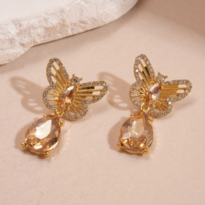 Vintage gold butterfly drop earrings with champagne crystals and pearls for women