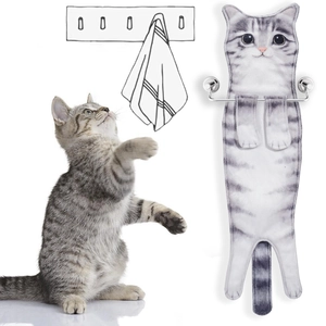 Close-up of realistic grey tabby cat shaped hanging towel showing the soft texture