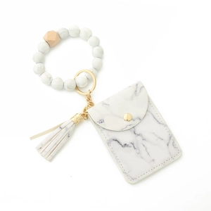 Silicone bead key ring bracelet with marble print leather card wallet and gold tassel