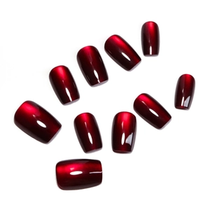 Deep red cat eye press on nails with elegant metallic luster and short square shape