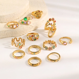 18K gold plated stainless steel ring set with colorful colorful zirconia floral designs