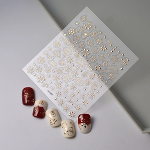 Pink shell gloss 3D embossed gold Christmas tree nail stickers with Santa Claus and snowflakes
