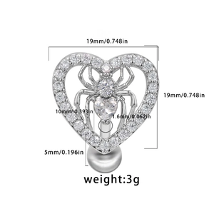 Detailed size chart for heart-shaped spider navel ring with crystal rhinestones