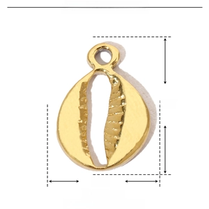 Detailed view of a gold shell cross pendant with 9mm height and 6mm width dimensions
