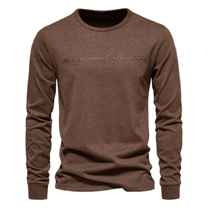 Men's brown long sleeve cotton T-shirt with vintage letter print on white background