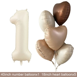 Detail of 40-inch cream number 1 balloon with five heart-shaped earth-tone foil balloons