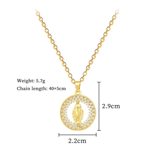 Detailed view of Virgin Mary gold pendant with dimensions 2.9cm x 2.2cm and 5.7g weight