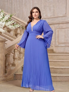 Blue V-neck maxi dress with long lantern sleeves and pleated skirt for elegant events