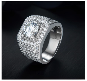 Macro detail of S925 sterling silver men's ring with 5-carat round moissanite and micro-pave