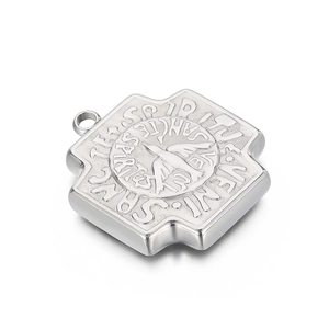 Silver square stainless steel pendant with Veni Sancte Spiritus engraving and bird motif