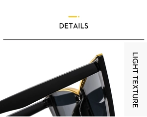Close-up of cat-eye sunglasses with gold metal trim and high-quality hinges