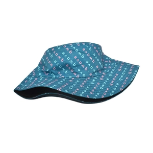 Navy reversible bucket hat with pink and light blue qwave letter prints for sun protection
