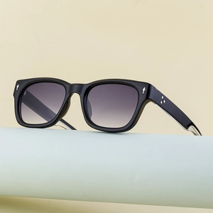 Polarized square sunglasses in black with purple gradient lenses and metal rivets