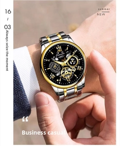 Detail of Comudir men's business watch with luminous dial and two-tone stainless steel band