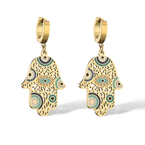 Goldene Hamsa-Hand-Ohrringe mit blauem Bösen Blick-Emaille und Zirkonia-Akzenten