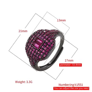 Adjustable 18K gold plated square ring with sparkling red pavé crystals for women