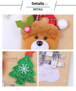 Close-up details of Christmas burlap wine bag with bear and tree appliqués