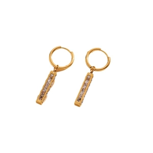 Elegant geometric gold hoops with long rectangular diamond-set drop pendants for women