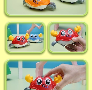 Detail of colorful crab-shaped inertia toy cars in red, blue and orange for kids