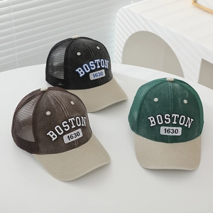 Three mesh baseball caps in black, brown, and green with white BOSTON embroidery