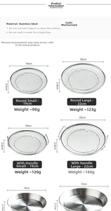 Detailed size chart for stainless steel food tray with filter mesh and handle options