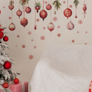 Self-adhesive Christmas wall decals featuring pine needles, colorful balls, and snowflakes