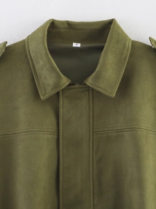 Detail of army green bomber jacket neckline showing soft suede fabric and size S label