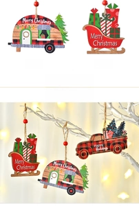 Detail of wooden Christmas car ornaments with red-black plaid patterns and Merry Christmas text