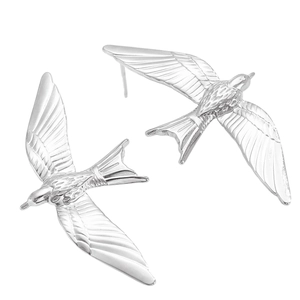 Detailed view of silver stainless steel bird earrings featuring intricate feather carvings