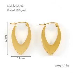 Close-up of geometric V-shaped 18K gold plated stainless steel earrings with dimensions