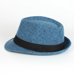 Classic blue textured linen fedora hat with black ribbon trim for men and seniors