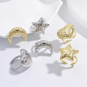 Vintage Hammered Texture Open Ring For Women Copper Gold Silver Plated Star Moon Heart Adjustable Minimalist Personality Ring Jewelry