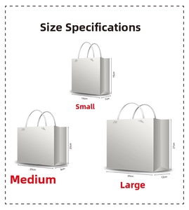 Size specification chart showing small, medium, and large dimensions for gift bags