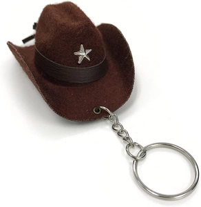 Detailed macro view of a mini brown felt cowboy hat keychain with a silver star