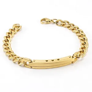 Bracelet Identité Maille Gourmette En Acier Inoxydable Avec Plaque Coeur Ajouré Bijou Mode Plaqué Or 18K Pour Femmes Hommes