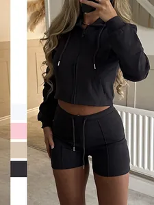 Women Zip Hoodie Sweatshirt And Shorts Knitted Long Sleeve Cropped Top Sporty Casual Solid Color Lifestyle