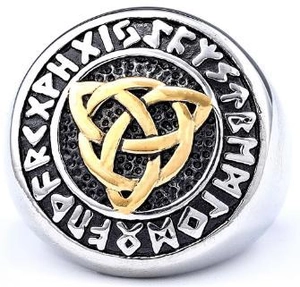 Macro shot of stainless steel Viking ring featuring Triquetra symbol and Rune engravings