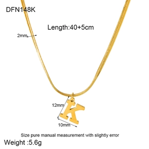 Detail of 18K gold-plated snake chain with letter K pendant and size specifications
