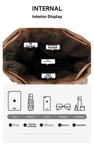 Interior layout of brown drawstring bucket bag showing pockets and storage capacity