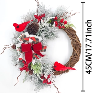 Christmas wreath with red cardinal birds, pine cones, and berries, 45cm diameter size