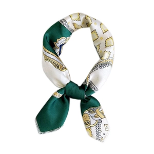 Elegant vintage geometric printed satin silk square neck scarf in green and cream white