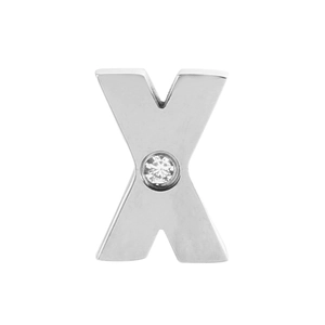 Polished silver letter X pendant with center round diamond inlay on white background