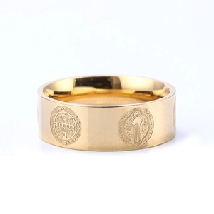 Golden stainless steel St. Benedict medal ring with religious relief patterns for men