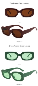 Front and side view of trendy rectangular sunglasses in brown and green tea shades