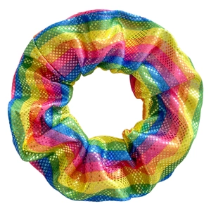 Rainbow striped satin scrunchie with metallic gold dots on a crisp white background
